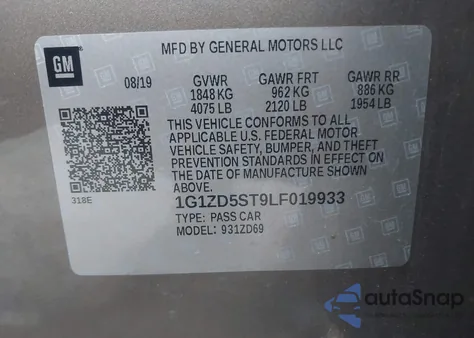 2020 Chevrolet Malibu Fwd Lt z USA, uszkodzony, nr VIN 1G1ZD5ST9LF019933